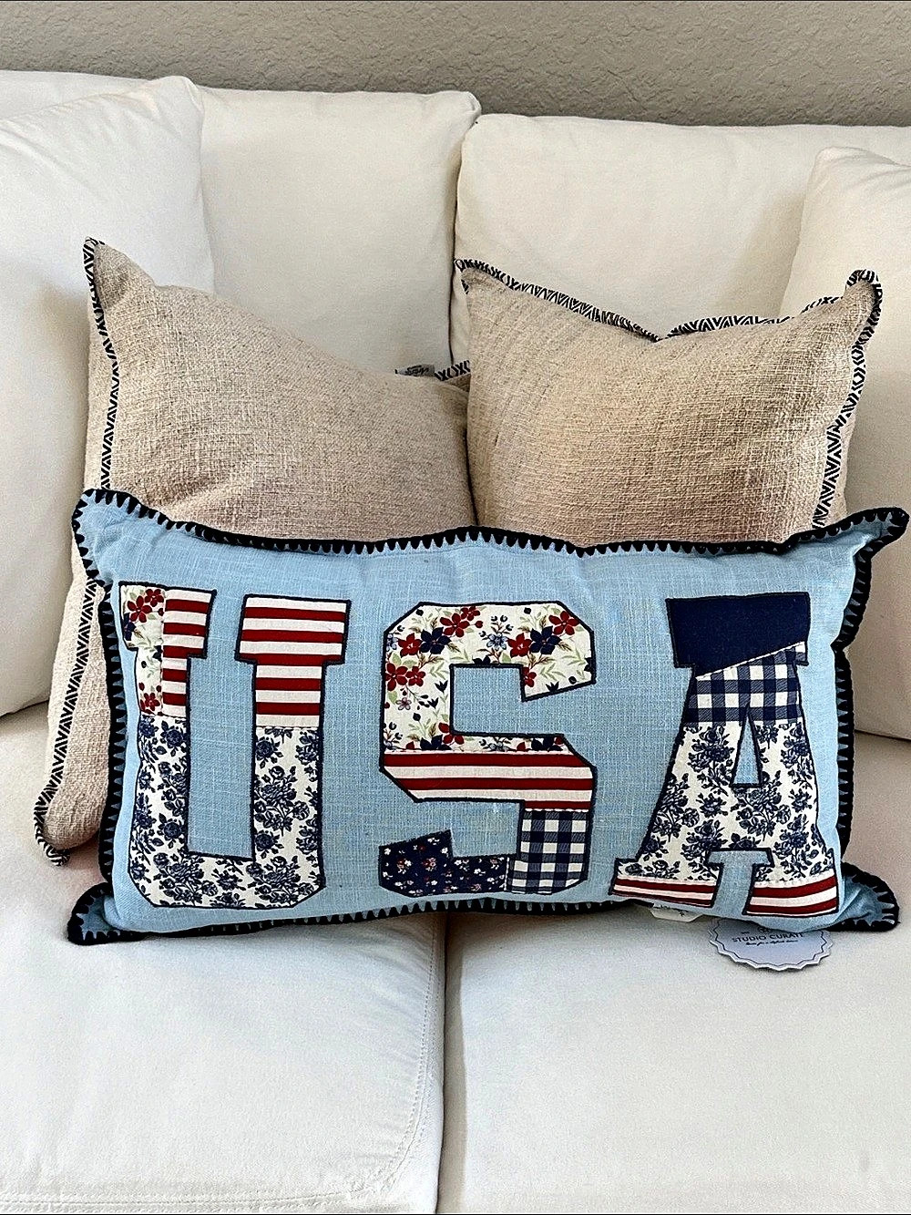 NWT Studio Curate Americana USA Patchwork Pillow Blue & Red